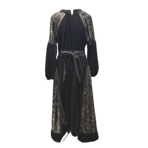 Gothic Black Velvet Maxi Dress Leopard Panels Fringe Renaissance Boho Womens SM